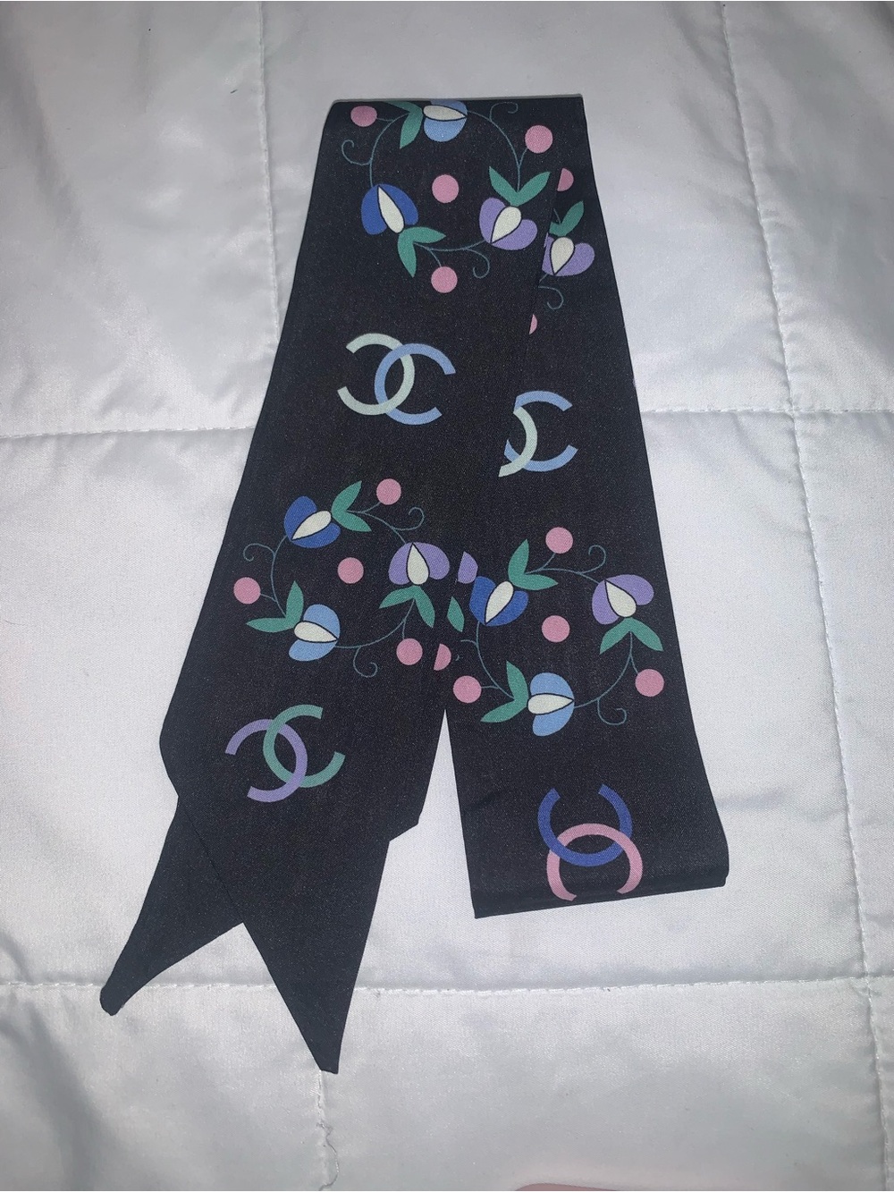 NWOT  Silk Twilly Scarf with Pastel Floral & CC Motif